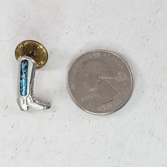 Vintage Cowboy Boot Lapel Pin Turquoise Blue Inlay Silver Toned - Picture 2 of 6